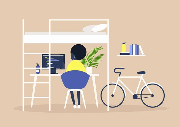 Etagenbett und Schreibtisch, Home Office Interieur, Millennial Freelancer — Stockvektor