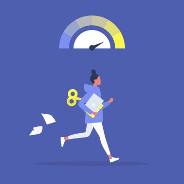 Bir saat mekanizması ile çalışan genç aktif kadın karakter