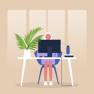 Modern ofis, Moni 'nin önünde oturan genç bayan yönetici.