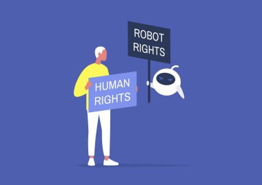 İnsan Robot Hakları, Karikatür Karakterleri protesto işaretleri tutuyor,