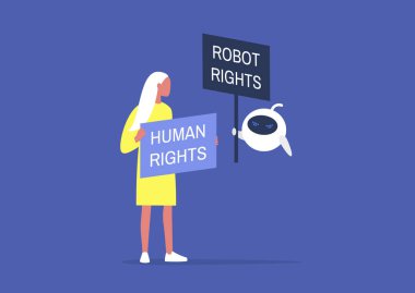 İnsan Robot Hakları, Karikatür Karakterleri protesto işaretleri tutuyor,