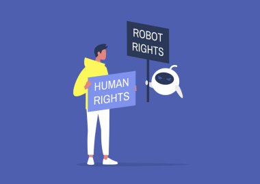İnsan Robot Hakları, Karikatür Karakterleri protesto işaretleri tutuyor,