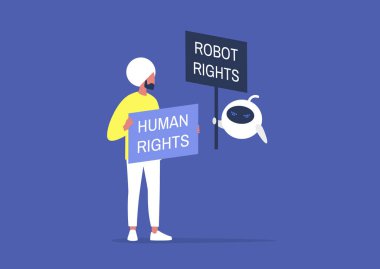 İnsan Robot Hakları, Karikatür Karakterleri protesto işaretleri tutuyor,
