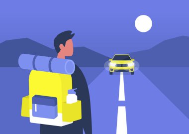 Genç erkek sırt çantalı, yaklaşmak için bir araba bekliyor, otostop çekiyor,