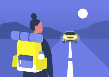 Genç bayan sırt çantalı, yaklaşmak için bir araba bekliyor, otostop çekiyor., 