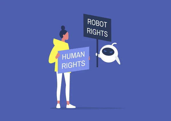 Mänskliga vs roboträttigheter, seriefigurer med protestskyltar, — Stock vektor