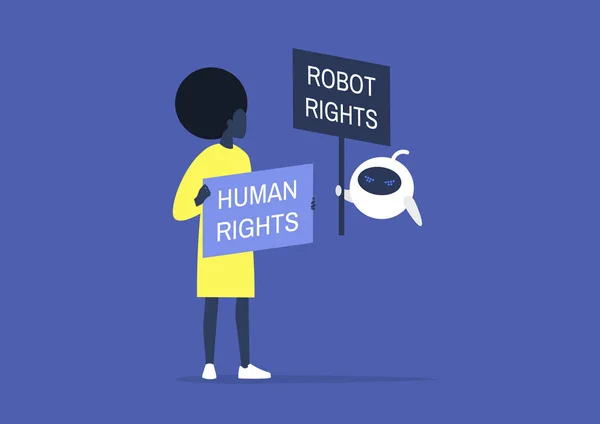 Права людини проти роботів, персонажі мультфільмів, що тримають знак протесту , — стоковий вектор