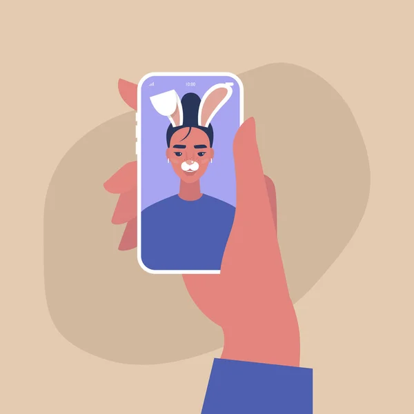 Cyfrowa aplikacja twarzy, młoda postać kobiety nosząca króliczka — Wektor stockowy
