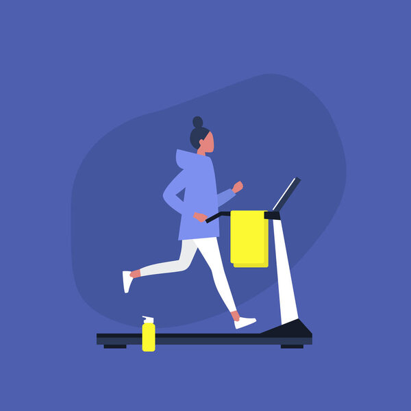 Young female character running on a treadmill in the gym, Sport 