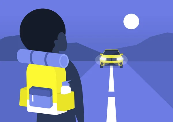 Ung svart kvinnlig backpacker väntar en bil att närma sig, hitchhi — Stock vektor