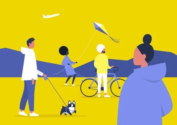 Parkta yürüyen bir grup genç insan, çeşitli meblağlarda.