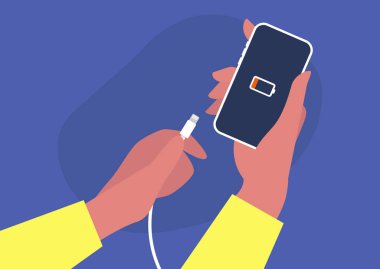 Ellerinde telefon ve şarj aleti, şarjı az, beyaz kablo,