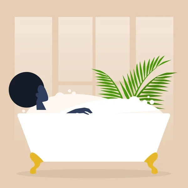 Junge schwarze weibliche Figur wäscht sich in einem Clawfoot Vintage-Badewanne — Stockvektor
