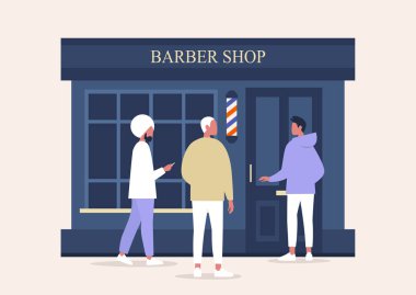 Berber dükkanının dış görünüşü, erkek karakterler yürüyor ve dışarıda bekliyor.