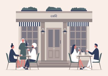 Yazlık kafe terası, insanlar dışarıda kahve ve şampanya içiyor.