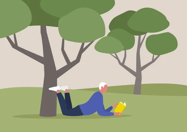 Joven personaje masculino leyendo un libro bajo el árbol, verano recre — Vector de stock