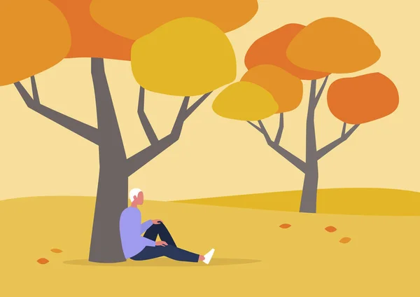 Joven personaje masculino sentado debajo del árbol, otoño leis al aire libre — Archivo Imágenes Vectoriales