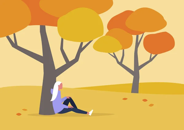 Fiatal női karakter ül a fa alatt, őszi szabadtéri le — Stock Vector