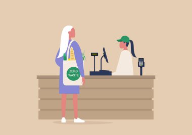 Günlük hayat, bir kasiyer ve süpermarketten alışveriş yapan bir müşteri.