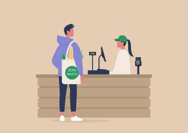 Günlük hayat, bir kasiyer ve süpermarketten alışveriş yapan bir müşteri.