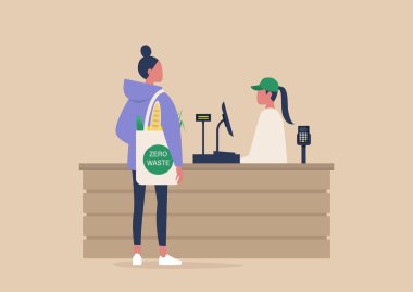 Günlük hayat, bir kasiyer ve süpermarketten alışveriş yapan bir müşteri.