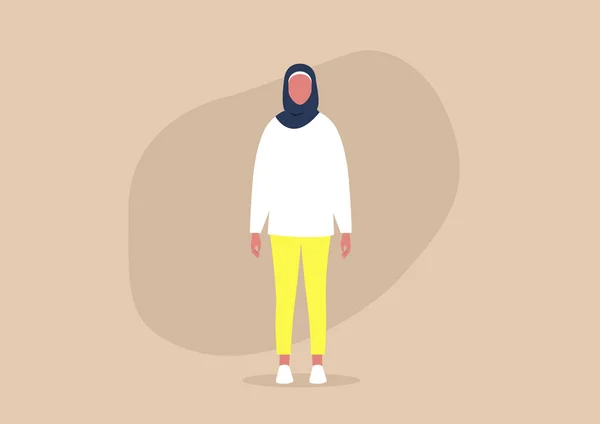 Jonge moslim vrouwelijke karakter dragen een hijab en casual kleding — Stockvector