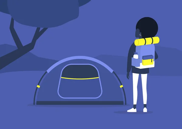 Camping y senderismo, joven turista negra con un backpac — Vector de stock