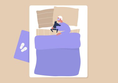 Üst yatak odası iç mekan, genç erkek karakter yatakta köpeğine sarılıyor, milenyumlar köpeklere deli oluyor.