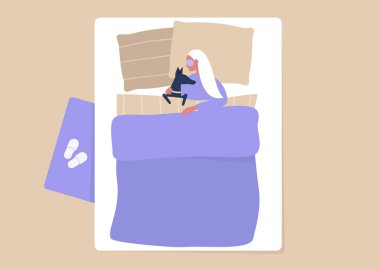 Üst düzey yatak odası iç mekan, genç bayan karakter yatakta köpeklerine sarılıyor, milenyumlar köpeklere deli oluyor.