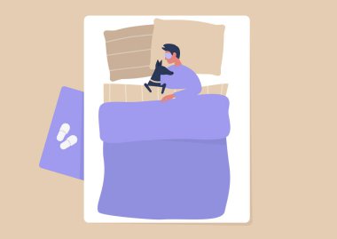 Üst yatak odası iç mekan, genç erkek karakter yatakta köpeğine sarılıyor, milenyumlar köpeklere deli oluyor.