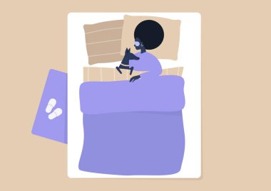 Üst yatak odası iç mekan, genç siyah kadın karakter yatakta köpeğine sarılıyor, milenyumlar köpeklere deli oluyor.