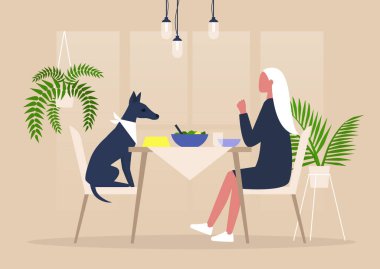 Young female character having dinner with their dog at the table, pampered animals, millennials being crazy over dogs clipart