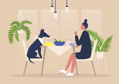 Young female character having dinner with their dog at the table, pampered animals, millennials being crazy over dogs clipart