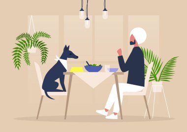 Young indian male character having dinner with their dog at the table, pampered animals, millennials being crazy over dogs clipart