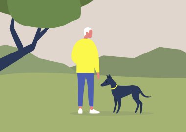 Genç erkek karakter, köpekleriyle birlikte ormanda yürüyor, boş zaman aktiviteleri, yaz zamanı.