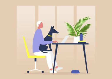 Evcil hayvan dostu ofis, kucağında bir köpekle çalışan genç erkek karakter.