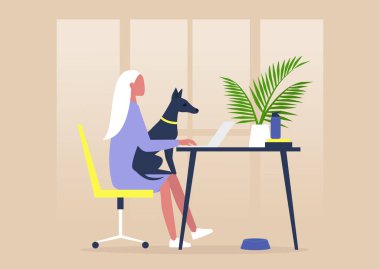 Evcil hayvan dostu ofis, kucağında bir köpekle çalışan genç bayan karakter.