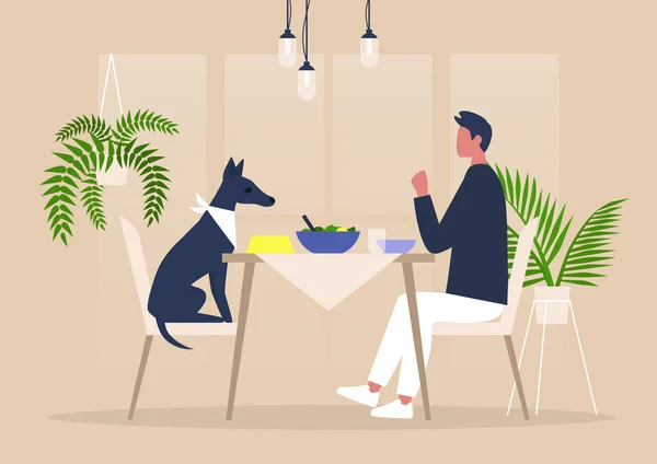 Joven Personaje Masculino Cenando Con Perro Mesa Animales Mimados Millennials — Archivo Imágenes Vectoriales