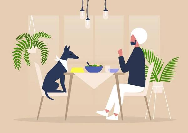 Jonge Indiaanse Mannelijke Karakter Eten Met Hun Hond Aan Tafel — Stockvector