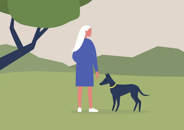 年轻的女主人公和他们的狗在森林里散步 户外休闲活动 — 图库矢量图片