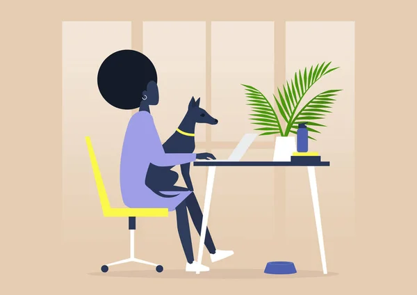 宠物友好的办公室 年轻的黑人女性角色与一只狗在他们的腿上工作 — 图库矢量图片
