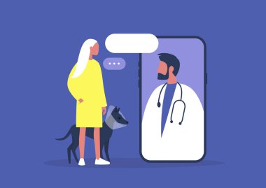 Veteriner doktor randevusu, online danışmanlık yapan bir köpeği olan Millennial kadın sahibi, modern sağlık teknolojileri.
