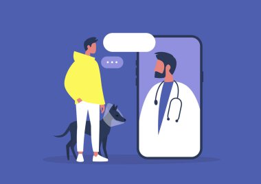 Veteriner doktor randevusu, online danışmanlık için köpeği olan Millennial erkek sahibi, modern sağlık teknolojileri.