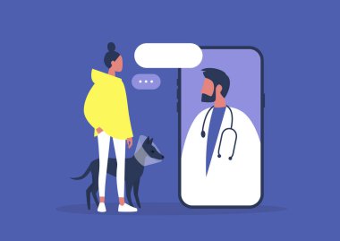 Veteriner doktor randevusu, online danışmanlık yapan bir köpeği olan Millennial kadın sahibi, modern sağlık teknolojileri.