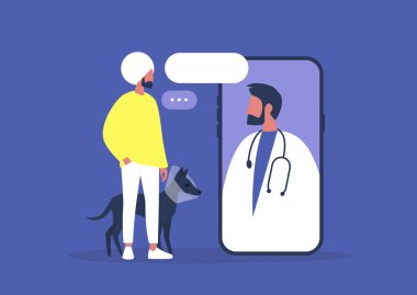 Veteriner doktor randevusu, online danışmanlık için köpeği olan Millennial Hintli erkek hasta, modern sağlık teknolojileri.