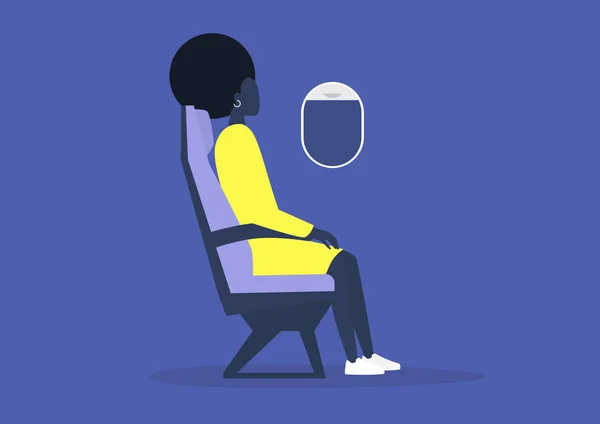 Молода Чорна Жінка Пасажир Сидить Борту Літака Концепція Подорожей Тисячолітній — стоковий вектор