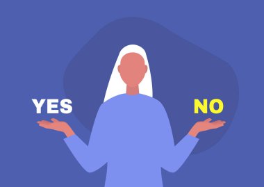 Evet ya da hayır, genç bayan karakter bir soruyu cevaplıyor, dijital şablon, alternatifler