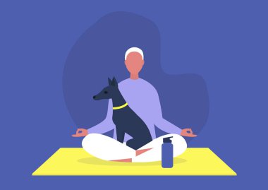 Doga, yoga, evcil köpeklerle egzersiz, modern sağlıklı yaşam tarzı, Lotus pozisyonunda kucağında bir köpek yavrusuyla oturan genç erkek karakter.