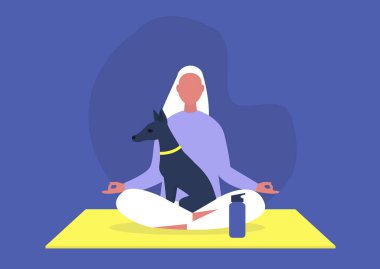Doga, yoga, evcil köpeklerle egzersiz, modern sağlıklı yaşam tarzı, Lotus pozisyonunda kucağında köpek yavrusuyla oturan genç bir kadın karakter.