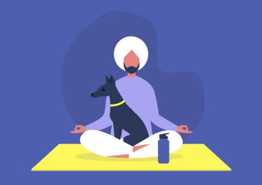 Doga, yoga, evcil köpeklerle egzersiz, modern sağlıklı yaşam tarzı, Lotus pozisyonunda oturan genç Hintli erkek karakter kucağında köpek yavrusuyla